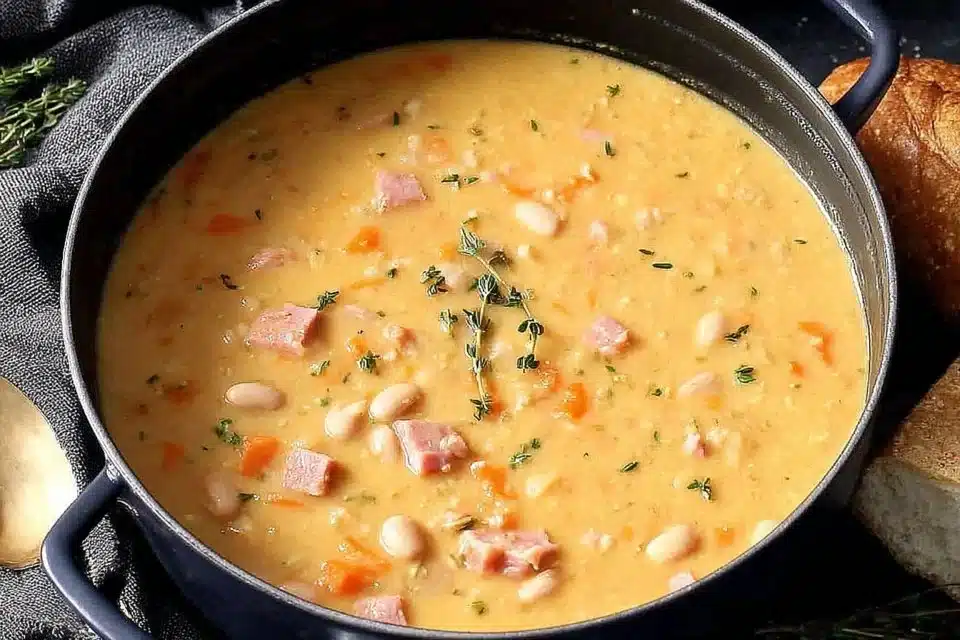 Bowl of cheesy ham and bean soup with fresh herbs on top