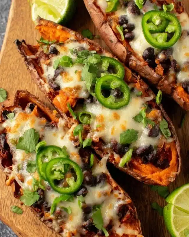 Chili Stuffed Sweet Potato Skins with Honey Lime Yogurt 4 Chili stuffed sweet potato skins with honey lime yogurt on a plate
