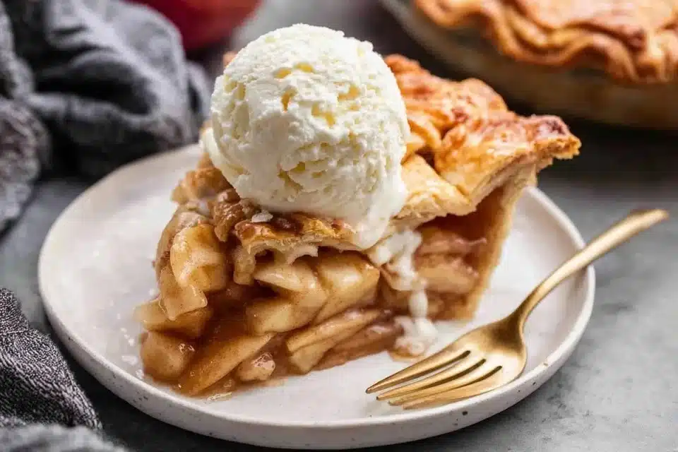 Classic apple pie with lattice crust served with a scoop of vanilla ice cream