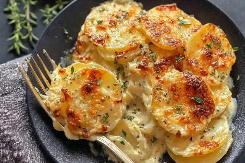 Delicious classic scalloped potatoes served in a baking dish