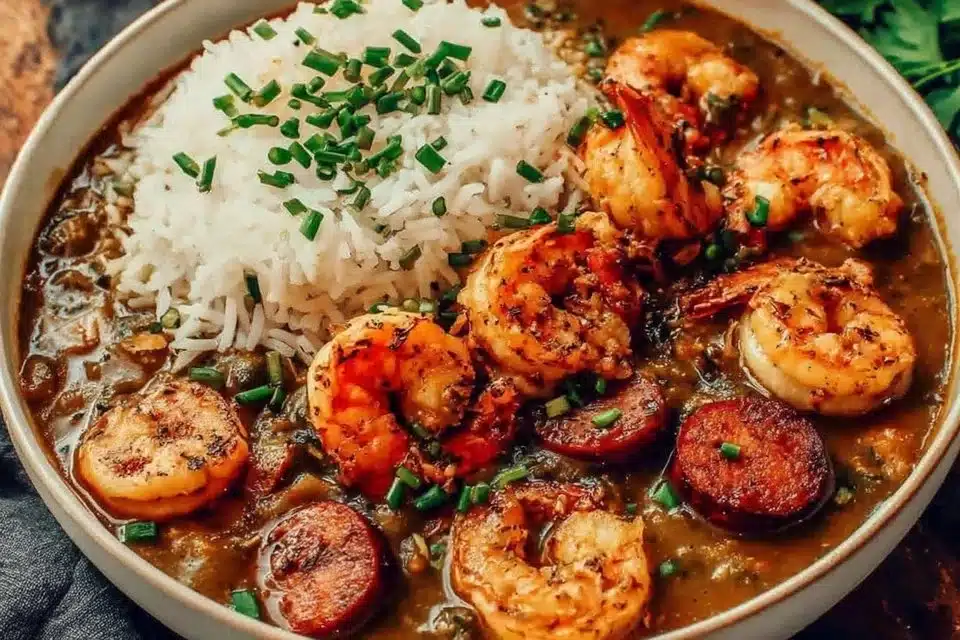Bowl of classic shrimp and sausage gumbo with vibrant vegetables and spices