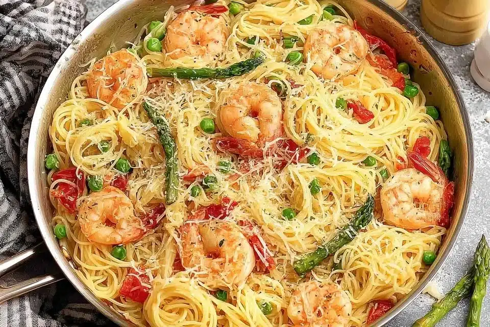 Copycat Olive Garden shrimp scampi served with pasta and herbs