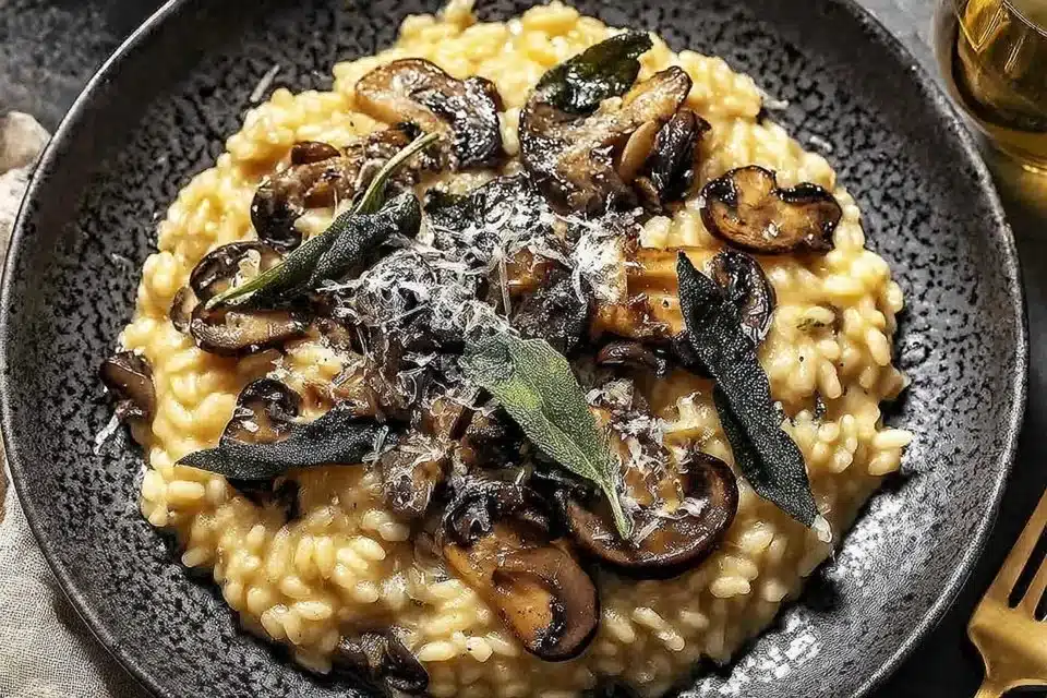 Bowl of creamy mushroom pastina topped with herbs and served with a spoon.