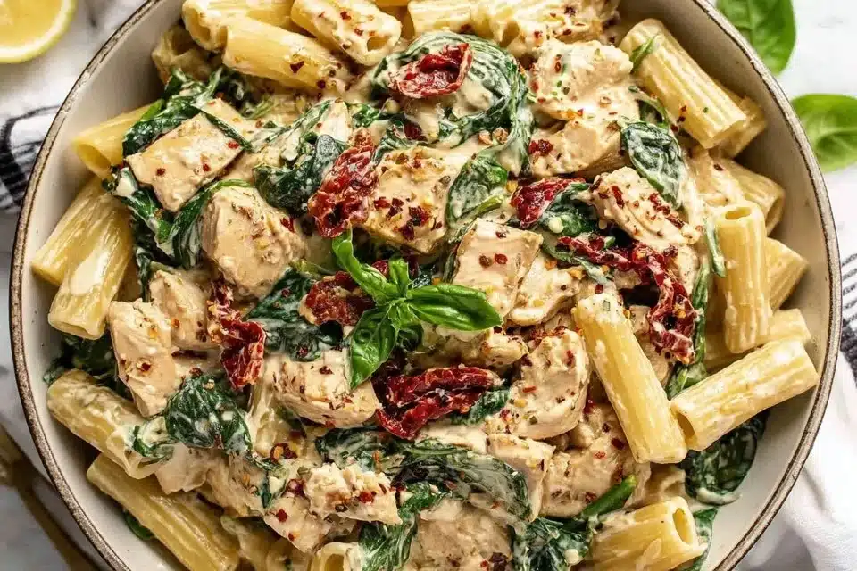 Creamy High Protein Chicken Pasta 4 Creamy high protein chicken pasta dish garnished with parsley.