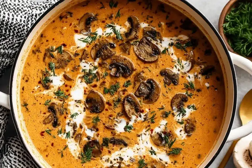 A bowl of creamy Hungarian mushroom soup garnished with herbs and spices.