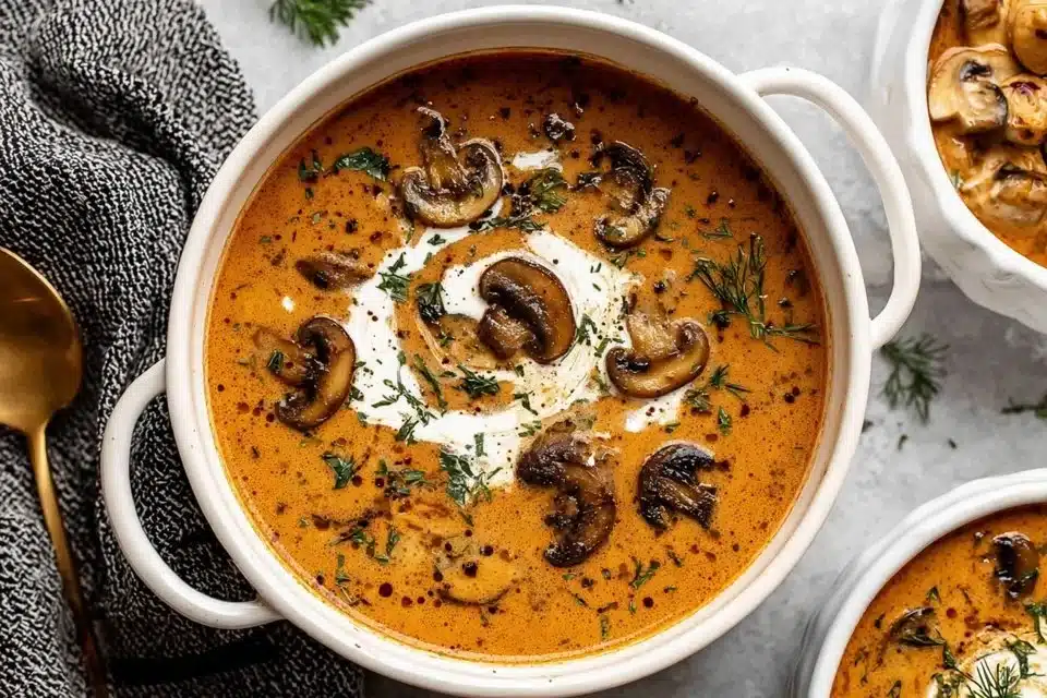 Creamy Hungarian Mushroom Soup 4 Bowl of creamy Hungarian Mushroom Soup garnished with fresh herbs
