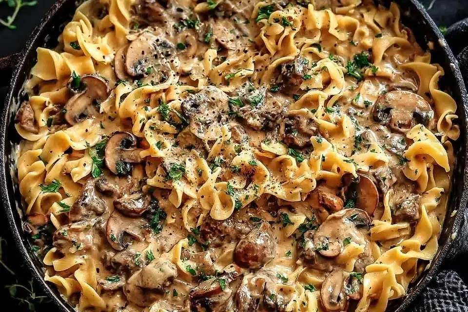 Delicious creamy morel mushroom stroganoff served on a plate
