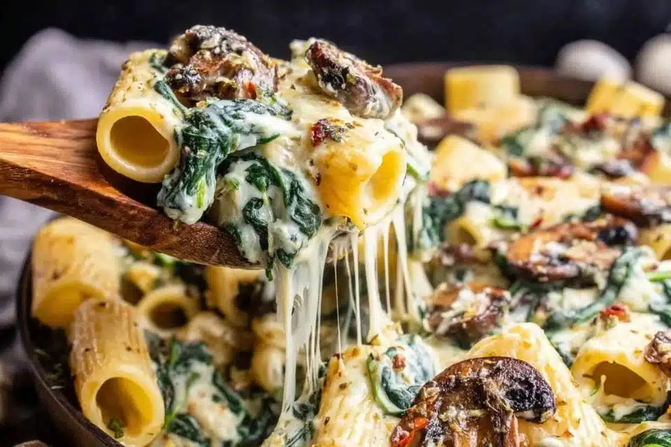 Creamy Mushroom Pasta Bake with Spinach and Ricotta 4 Creamy mushroom pasta bake with spinach and ricotta, served in a dish.