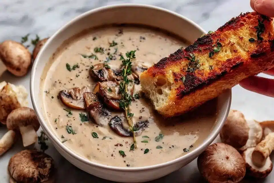 Bowl of creamy mushroom soup garnished with fresh herbs.