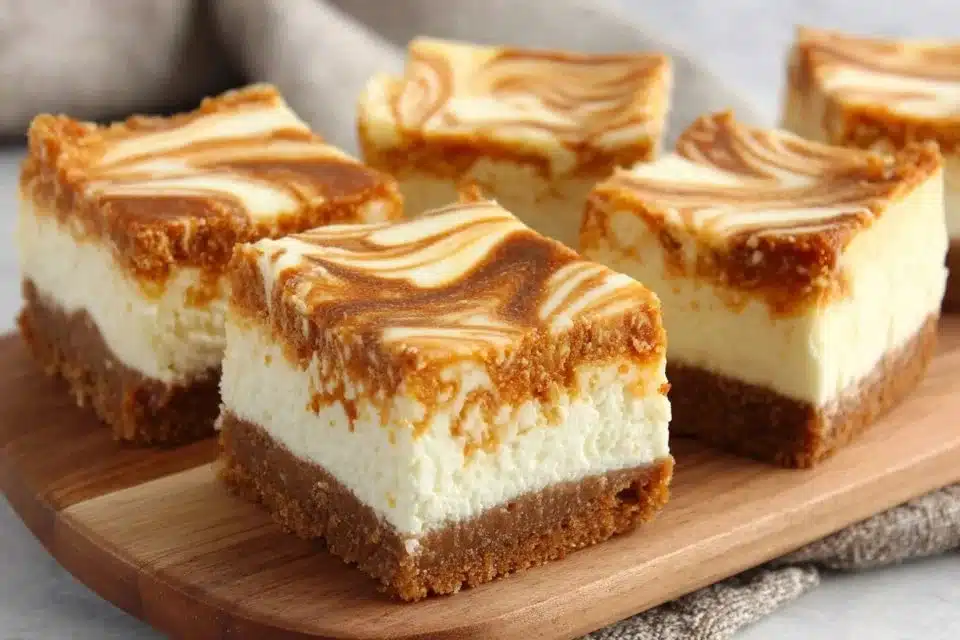 Creamy Pumpkin Cheesecake Bars with Graham Cracker Crust 1 Creamy pumpkin cheesecake bars with a graham cracker crust served on a plate
