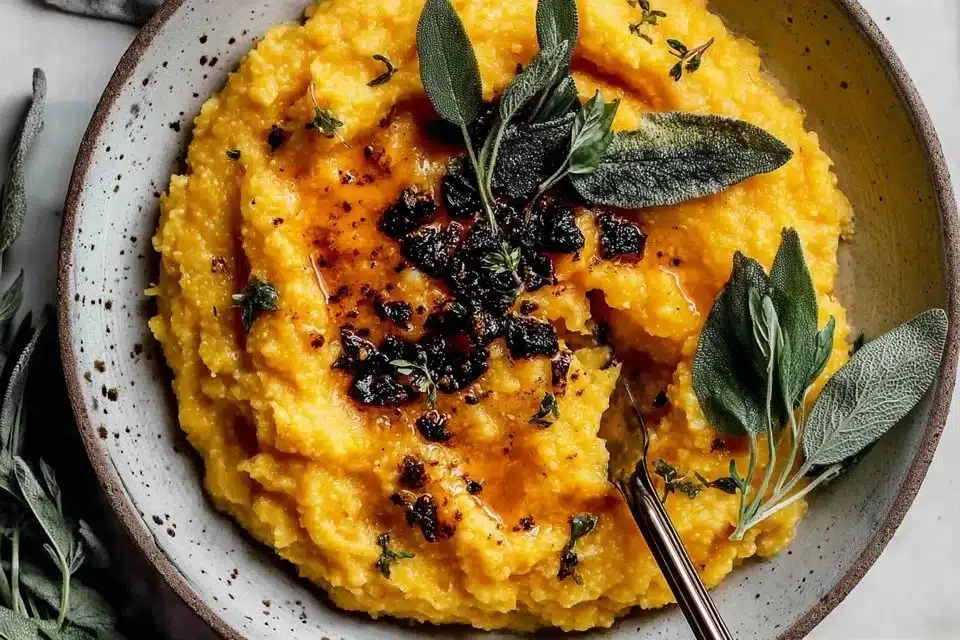 Delicious creamy pumpkin polenta served in a bowl, topped with herbs.