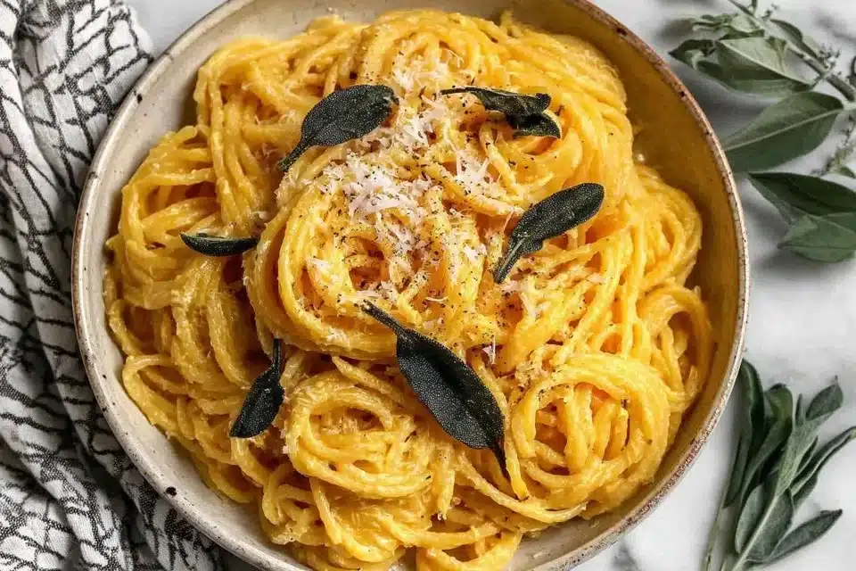 Creamy pumpkin ricotta pasta dish garnished with herbs