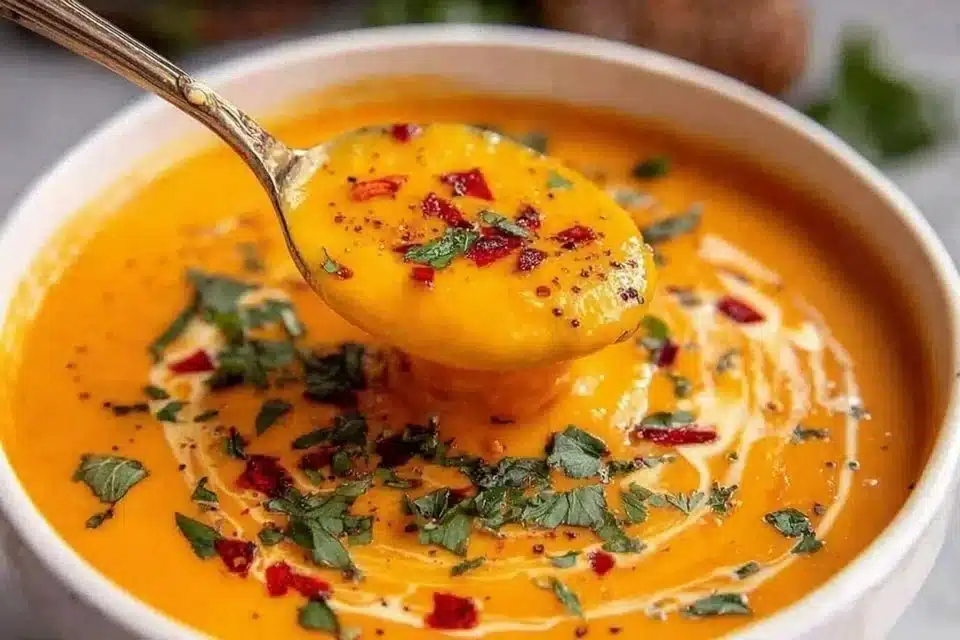 Creamy Red Lentil Soup 4 Bowl of creamy red lentil soup garnished with herbs and spices