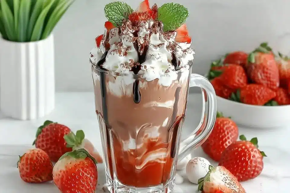 Delicious Creamy Strawberry Latte: A Cozy Coastal Treat for Your Soul 4 Creamy strawberry latte served in a glass with fresh strawberries on top.