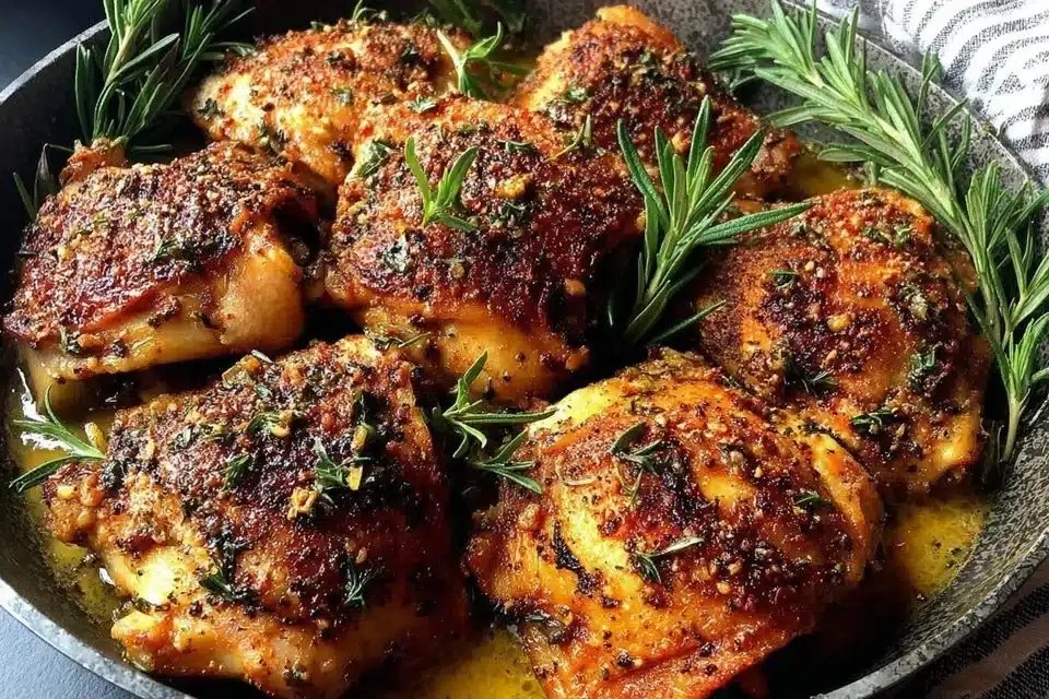 Easy Apple Cider Glazed Chicken Thighs for Fall Dinner 4 Delicious apple cider glazed chicken thighs garnished with herbs on a plate