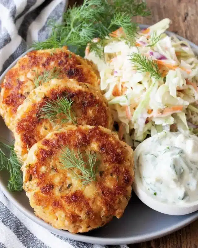 Easy Baked Salmon Patties The Ultimate Comforting Recipe 4 Easy baked salmon patties served on a plate with fresh herbs and lemon.