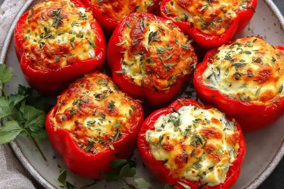 Easy chicken and rice stuffed peppers on a plate, garnished and ready to serve.