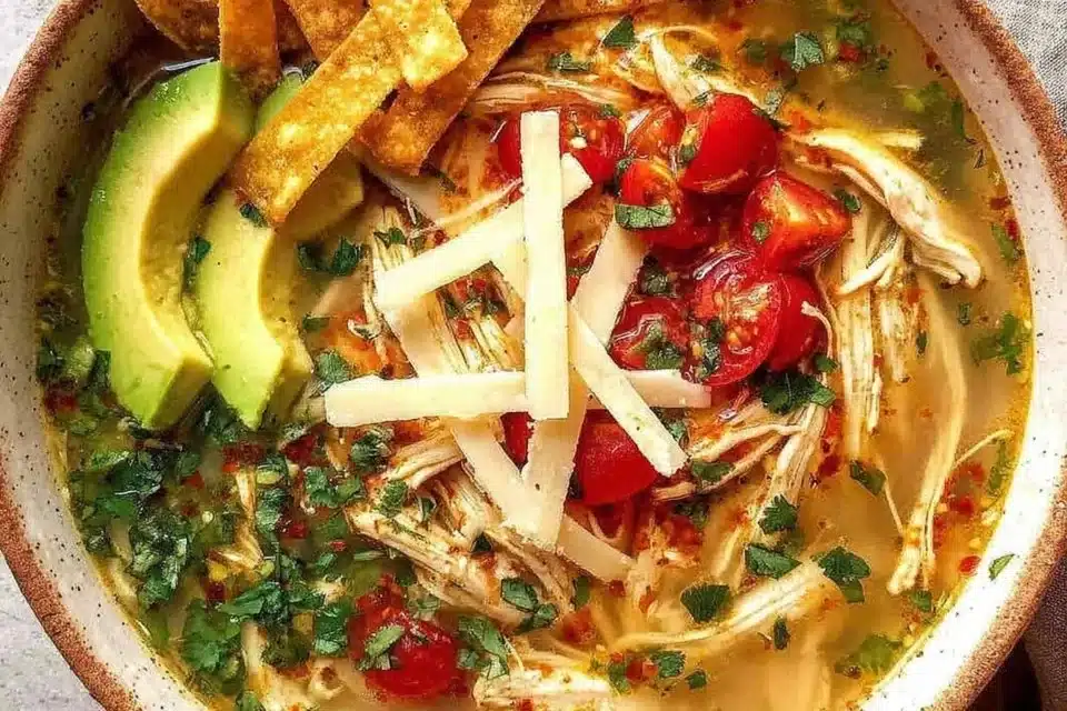Bowl of easy chicken lime soup with fresh lime and cilantro garnish