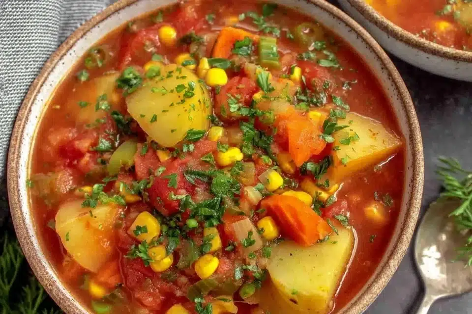 Bowl of easy crock pot vegetable soup garnished with fresh herbs