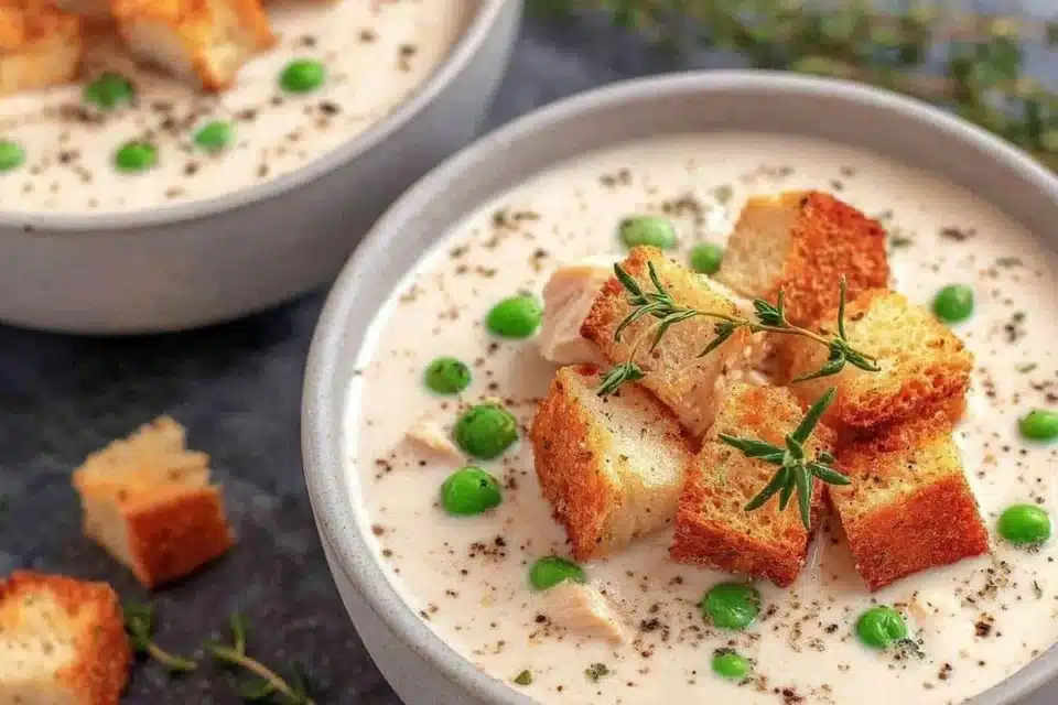 Easy Homemade Cream of Chicken Soup 4 Bowl of easy homemade cream of chicken soup garnished with parsley