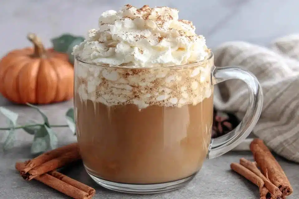 Delicious homemade pumpkin spice latte in a warm mug with whipped cream