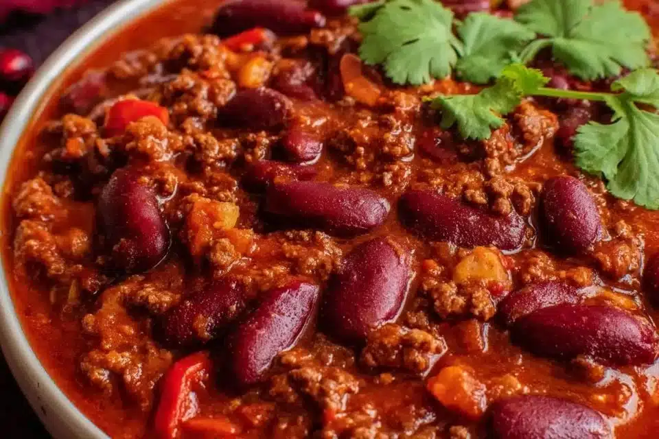 A delicious bowl of easy one pot chili garnished with fresh herbs.