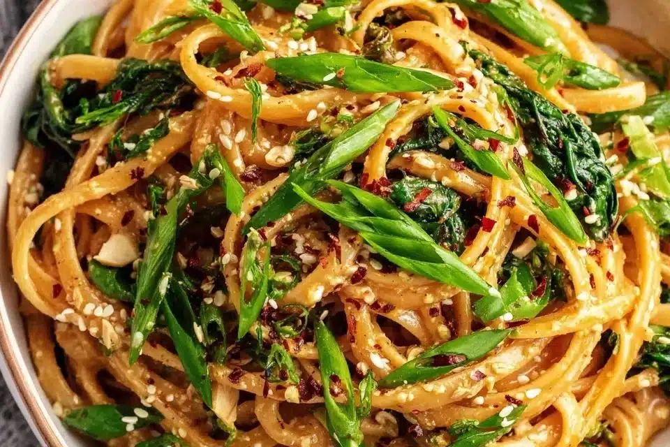 Bowl of easy sesame noodles with peanut sauce and garnished with green onions