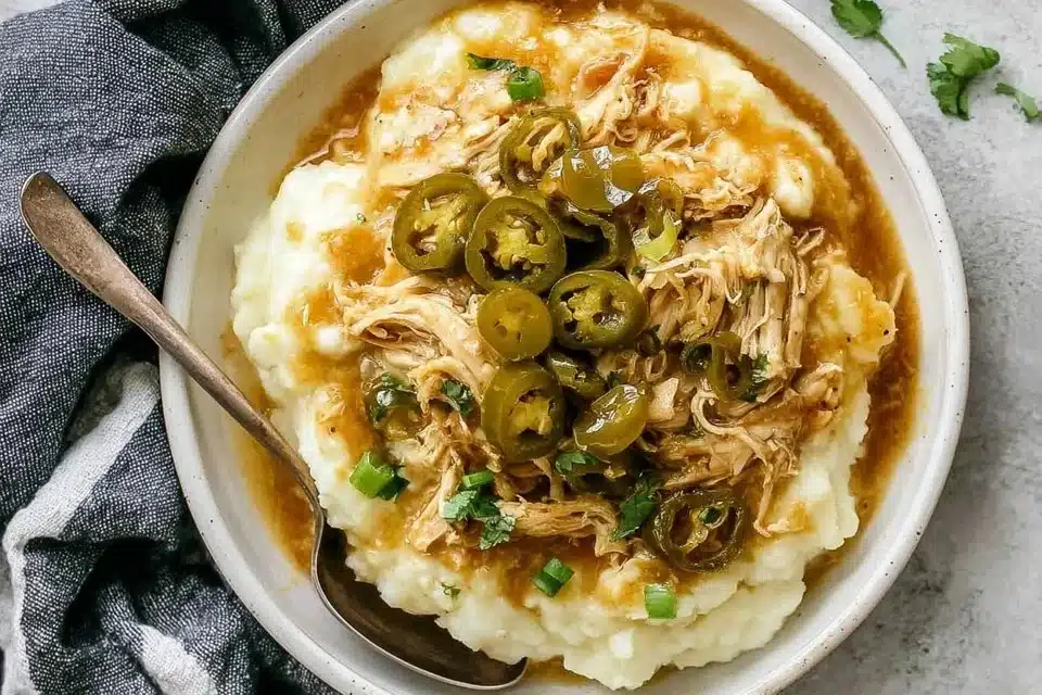 Delicious Easy Slow Cooker Mississippi Chicken served with sides