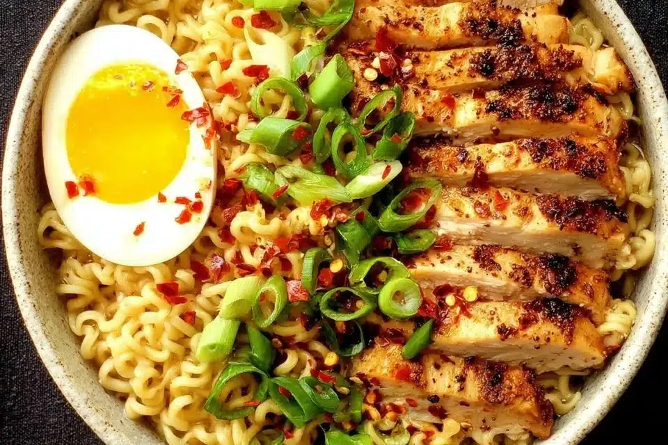 Easy Spicy Chicken Ramen 4 Bowl of easy spicy chicken ramen garnished with green onions and sesame seeds