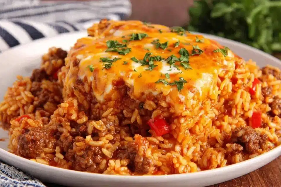 Easy taco rice casserole in a baking dish topped with cheese and toppings