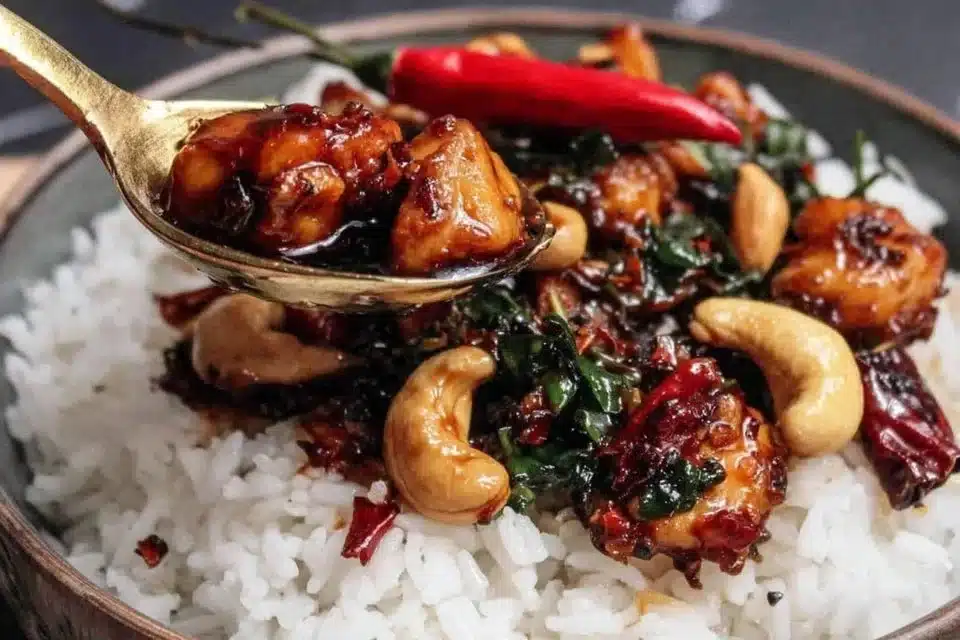 Easy Thai Cashew Chicken Stir Fry 4 Delicious Thai Cashew Chicken stir fry served with colorful veggies and rice.