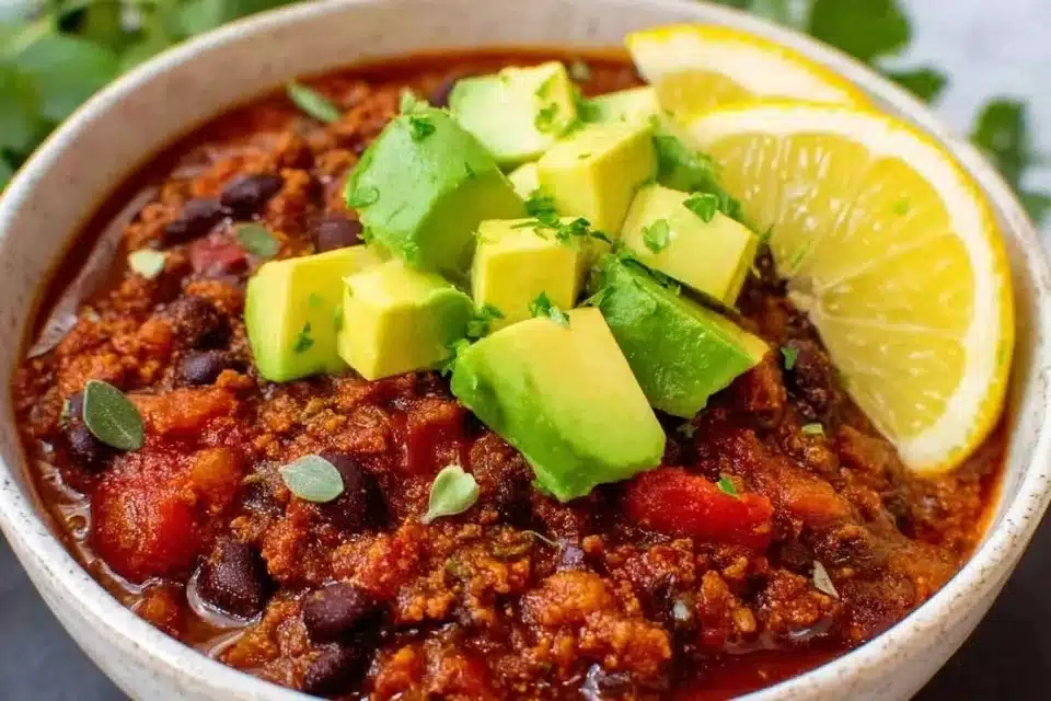 Easy Vegan Black Bean Chili 4 A bowl of easy vegan black bean chili topped with fresh herbs and avocado.