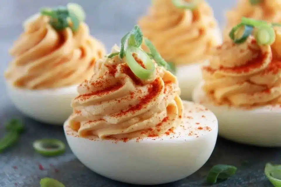 Festive pumpkin deviled eggs garnished with herbs on a serving platter.