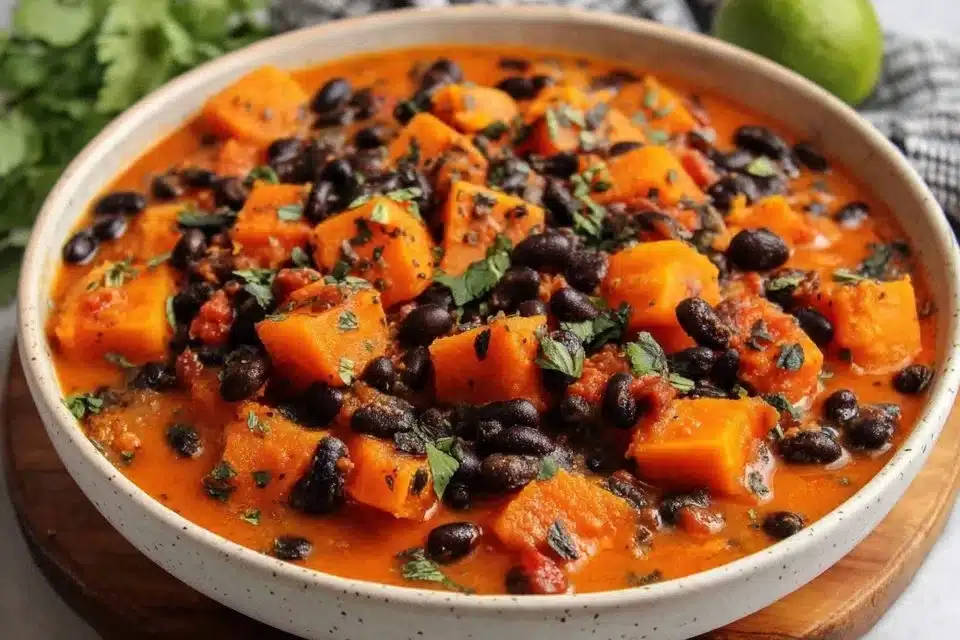 Hearty Sweet Potato Black Bean Soup 4 Bowl of hearty sweet potato black bean soup topped with herbs and spices