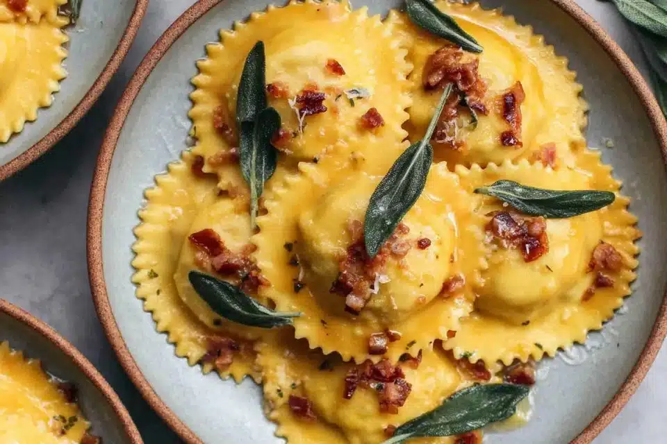 Homemade butternut squash ravioli served with brown butter sage sauce