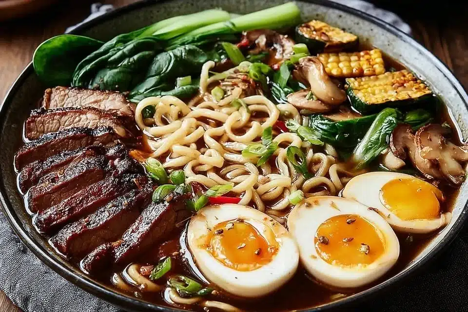 Bowl of homemade ramen with fresh toppings and rich broth