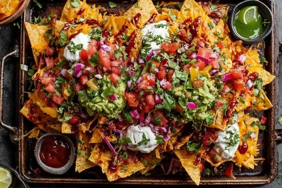 The Best Indian Cheesy Nachos Chaat Recipe You'll Crave Again and Again 3 Indian Cheesy Nachos Chaat with vibrant toppings and cheese.