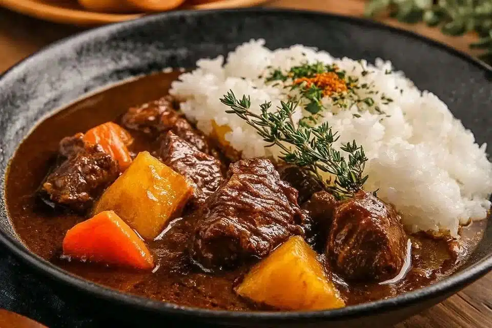 A hearty bowl of Japanese beef curry garnished with fresh herbs and vegetables.