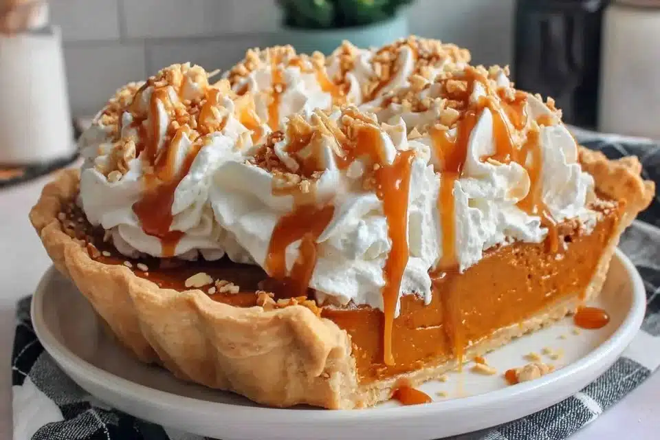 Milk Bar Pumpkin Caramel Pie 4 Slice of Milk Bar Pumpkin Caramel Pie showcasing caramel drizzle and pumpkin filling