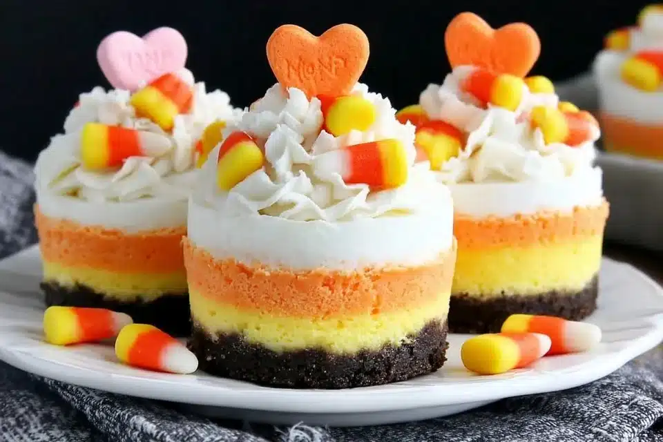 Mini candy corn cheesecakes decorated for Halloween