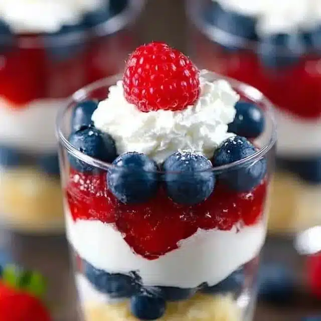 Delicious mini patriotic trifles with layers of red, white, and blue
