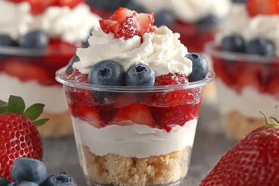 Mini Strawberry Shortcake Cups served in clear dessert cups