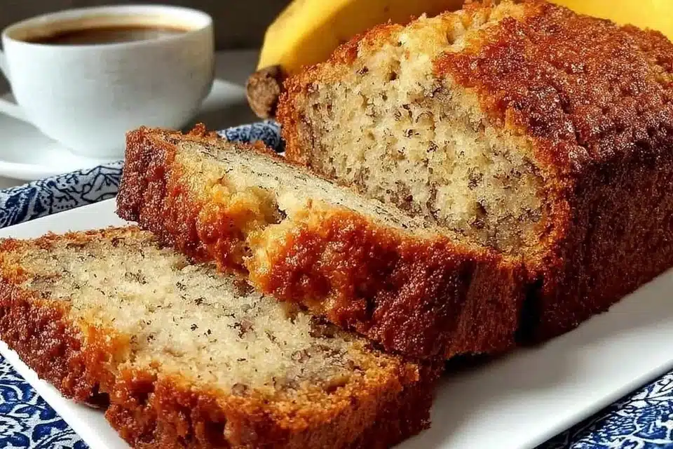 Moist classic baked banana bread sliced on a wooden board