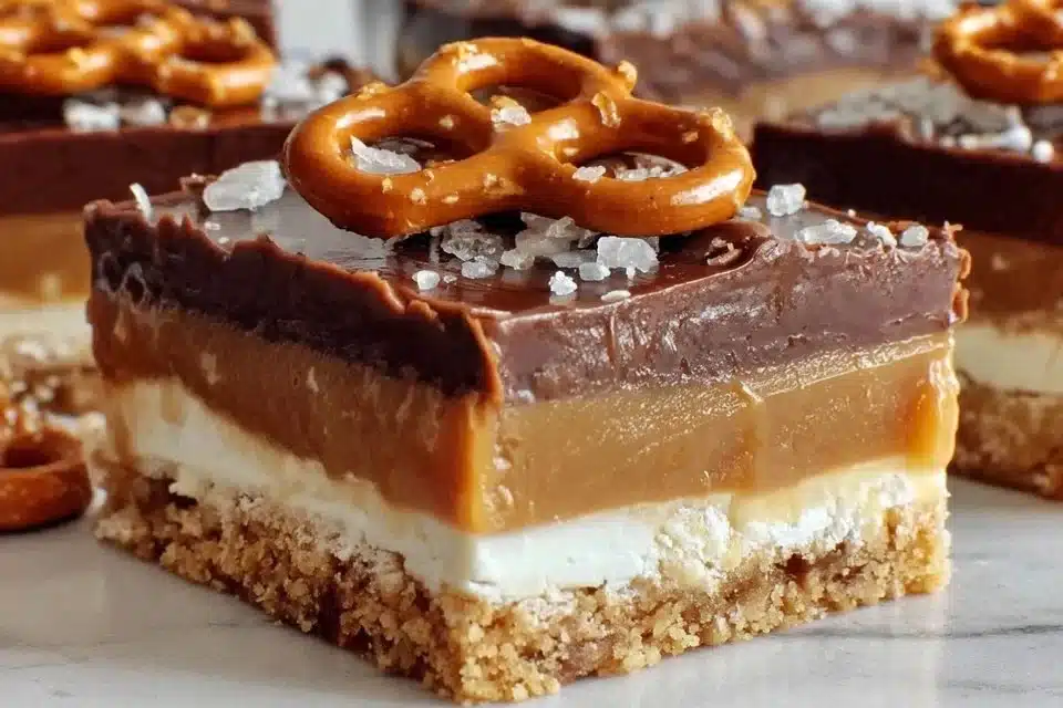 The Ultimate No-Bake Salted Caramel Pretzel Bars Recipe You'll Adore 3 No-bake salted caramel pretzel bars with a crunchy topping and caramel drizzle