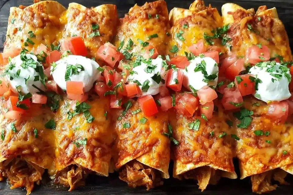 Delicious one-skillet turkey enchiladas garnished with fresh ingredients