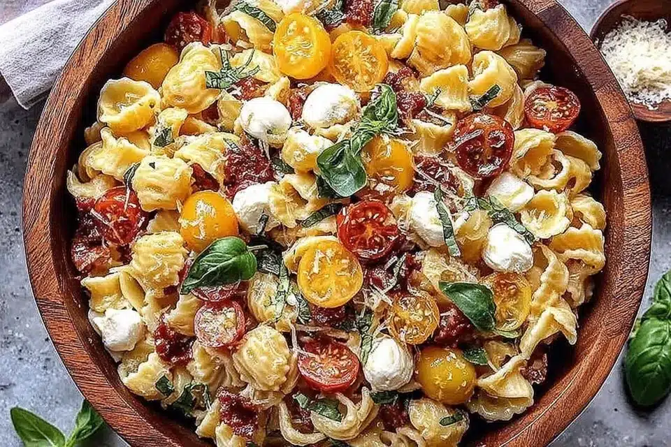 Colorful Party Pasta Salad with veggies, ideal for picnics and potlucks