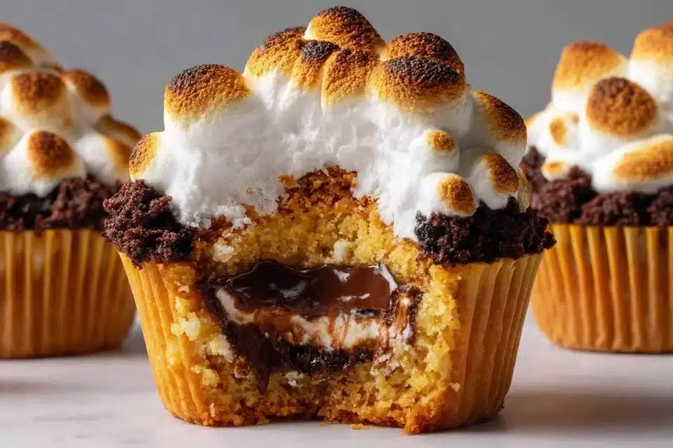 Delicious Pumpkin S'mores Cupcakes with chocolate ganache topping