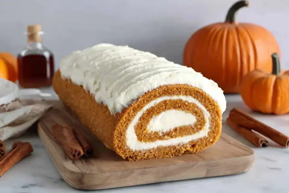 Delicious Pumpkin Spice Roll Cake topped with cream and spices