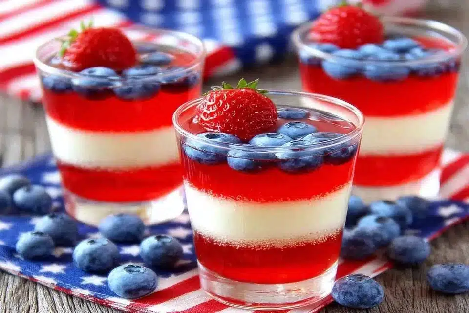 Red white and blue layered shots served at a festive event