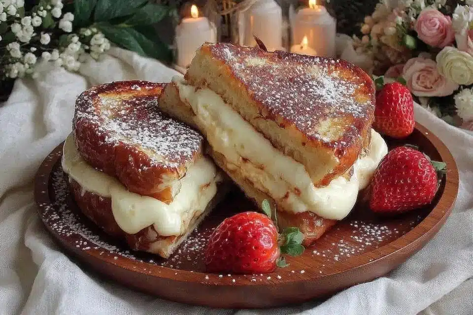 Rhubarb Custard French Toast Bake served on a plate with a drizzle of syrup